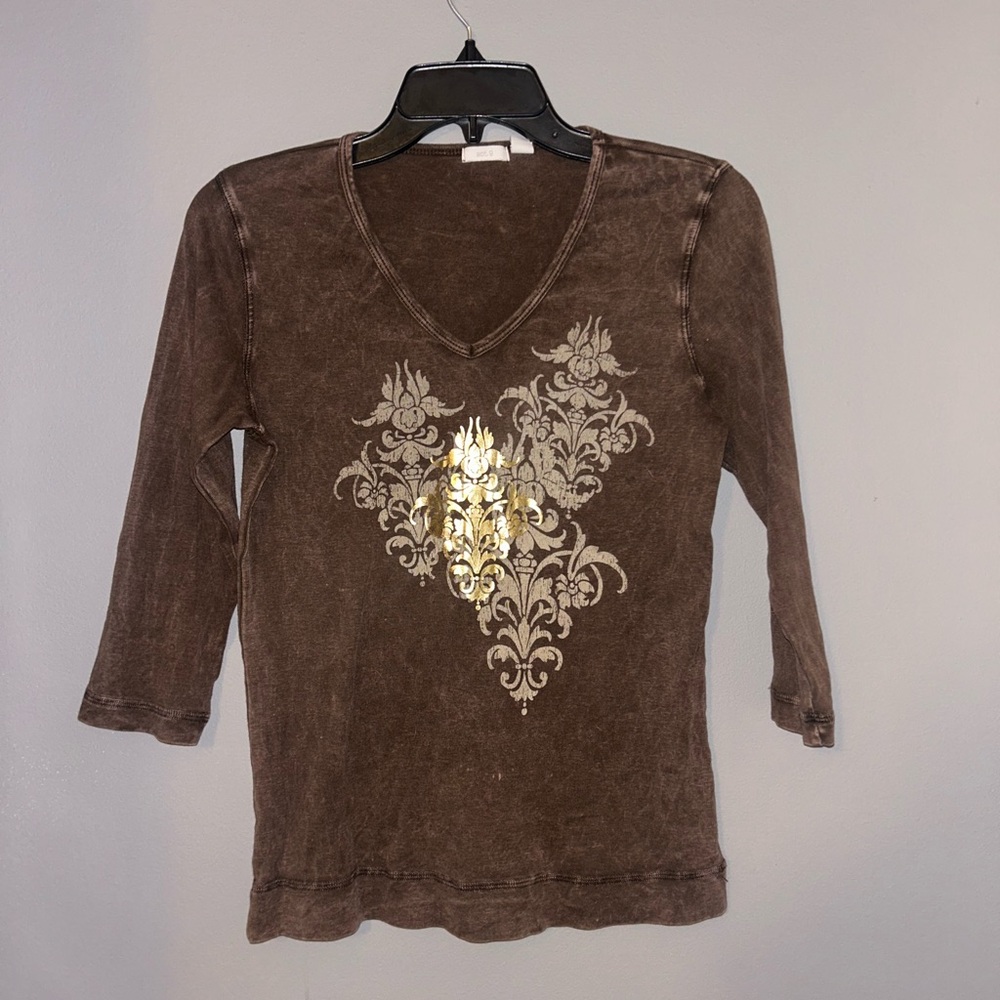 Brown V-Neck Top with Gold Design